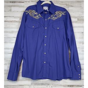 Ace of Diamond Shirt Mens XXL Blue Gold Pearl Snap Rockabilly Horseshoes USA